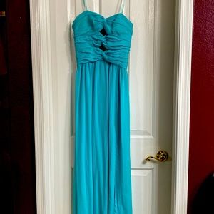 Blue strapless dress with slit